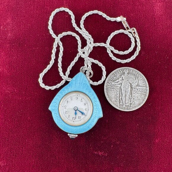 Stunning1920's Swiss Made 925 Silver Guilloche Powder Blue Watch Maracsite Motif - Picture 6 of 10